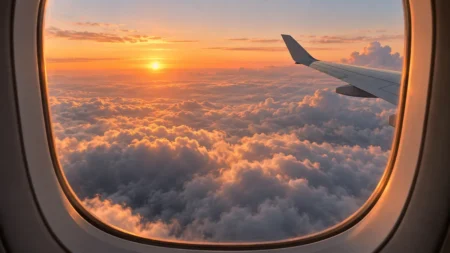 飛行機の窓から見た雲海と朝焼けの空