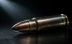 暗闇の中、一筋の光に照らされた金属質感の銃弾