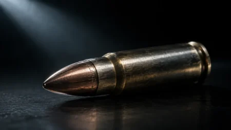 暗闇の中、一筋の光に照らされた金属質感の銃弾
