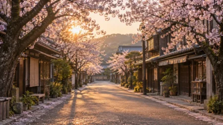 朝の日本の古い商店街と桜並木