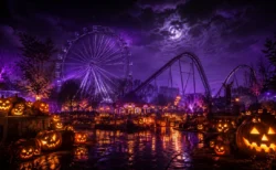 ハロウィン仕様に彩られた夜の遊園地、観覧車とジェットコースター、かぼちゃのランタン