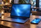 カフェのテーブルに置かれた青く光るノートパソコンとスマートフォン