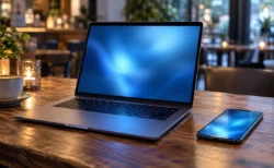 カフェのテーブルに置かれた青く光るノートパソコンとスマートフォン