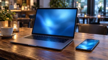カフェのテーブルに置かれた青く光るノートパソコンとスマートフォン