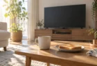 朝の日差しが差し込むリビングのテーブルとマグカップ、奥のテレビ