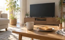 朝の日差しが差し込むリビングのテーブルとマグカップ、奥のテレビ