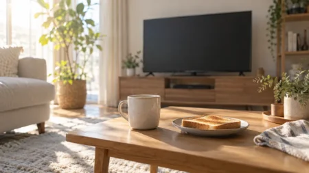 朝の日差しが差し込むリビングのテーブルとマグカップ、奥のテレビ