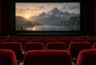 映画館の無人の客席とスクリーンの光