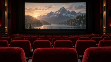 映画館の無人の客席とスクリーンの光