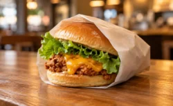 木目のカウンターに置かれた紙包みのチキンチーズバーガー