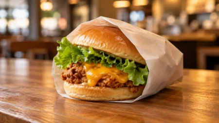 木目のカウンターに置かれた紙包みのチキンチーズバーガー