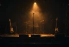 終演後の無人のライブハウスのステージ。スポットライトの下にマイクスタンド、ギター、ベース、ドラムセットが並ぶ