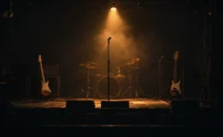 終演後の無人のライブハウスのステージ。スポットライトの下にマイクスタンド、ギター、ベース、ドラムセットが並ぶ