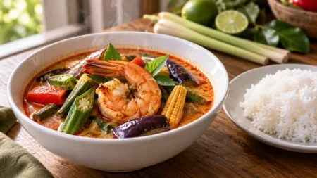 木のテーブルに置かれた赤みがかったエスニックなスープカレーとライス