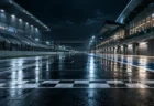 夜のサーキットのピットレーンとライトに照らされたコース
