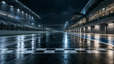 夜のサーキットのピットレーンとライトに照らされたコース