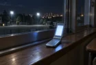 夜の教室の窓辺に置かれた折りたたみ式携帯電話。画面が青白く光り、窓の外に校庭と街明かり