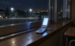 夜の教室の窓辺に置かれた折りたたみ式携帯電話。画面が青白く光り、窓の外に校庭と街明かり