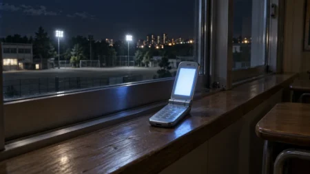 夜の教室の窓辺に置かれた折りたたみ式携帯電話。画面が青白く光り、窓の外に校庭と街明かり