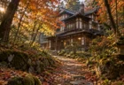秋の森の中の木造の建物と小道
