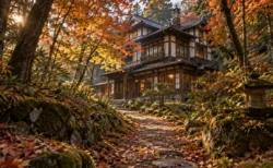 秋の森の中の木造の建物と小道