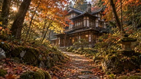 秋の森の中の木造の建物と小道