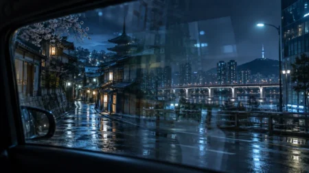 車窓越しに日本と韓国の街並みが重なるような夜景のイメージ