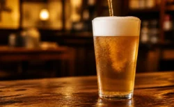琥珀色の生ビールをグラスに注ぐ瞬間、白い泡と木製カウンター