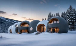 雪景色の中に建つ球体型の現代建築の宿泊施設、夕暮れの柔らかい光