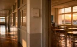 夏の夕方の学校の廊下、茜色の西日とカレンダー