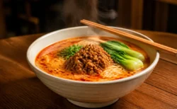 湯気の立つ担々麺、木製テーブルの上の丼と箸