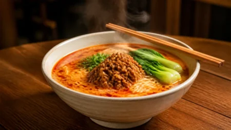 湯気の立つ担々麺、木製テーブルの上の丼と箸