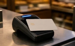 非接触決済端末にICカードをタッチする瞬間、青いLEDライトが光る店内カウンター
