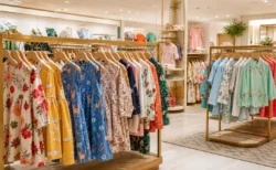 百貨店の子供服売り場、花や動物モチーフのカラフルなプリント柄の子供服が並ぶラック