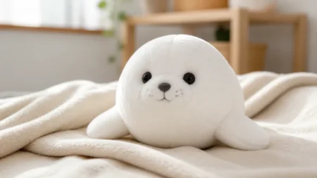真っ白でふわふわのアザラシのぬいぐるみが柔らかいブランケットの上に座っている