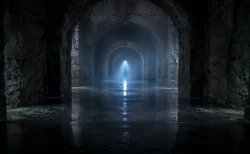 夜霧に沈む石造りの地下回廊、最奥から差す淡い青白い光が水面に映るイメージ