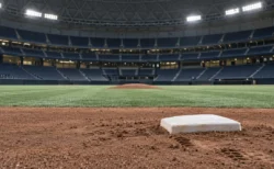 ドーム球場の内野の土と二塁ベース、背景に無人のマウンド