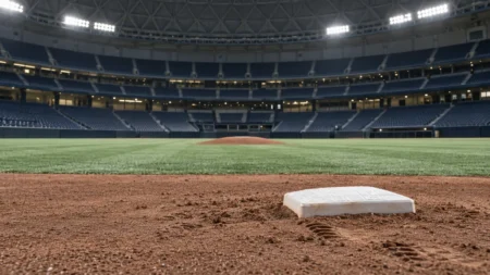 ドーム球場の内野の土と二塁ベース、背景に無人のマウンド