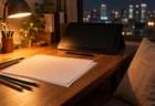 夜のデスクに置かれた絵コンテ用紙と色鉛筆、ペンタブレット、やわらかいクッション