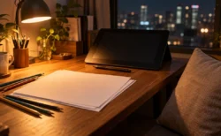 夜のデスクに置かれた絵コンテ用紙と色鉛筆、ペンタブレット、やわらかいクッション