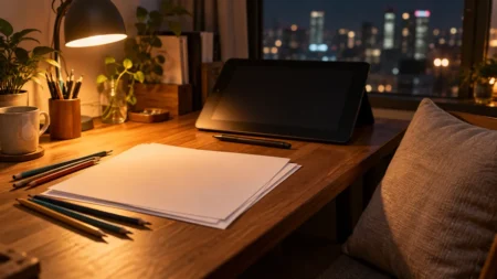 夜のデスクに置かれた絵コンテ用紙と色鉛筆、ペンタブレット、やわらかいクッション