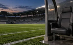 夕暮れのサッカースタジアムのピッチ脇にある空いた監督用ベンチシート