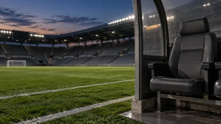 夕暮れのサッカースタジアムのピッチ脇にある空いた監督用ベンチシート