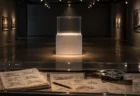 スポットライトに照らされた薄暗い展示室の展示台とガラスケース