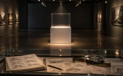 スポットライトに照らされた薄暗い展示室の展示台とガラスケース