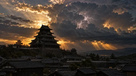 夕暮れの雷雲の下に浮かぶ黒い天守の城のシルエット