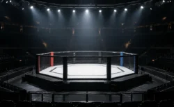 スポットライトに照らされた無人の総合格闘技のリング