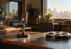 朝の光が差すラジオブースのマイクと古い映画のフィルムリール