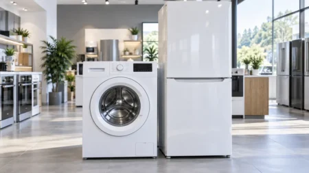 明るい家電ショールームに並ぶ洗濯機と冷蔵庫