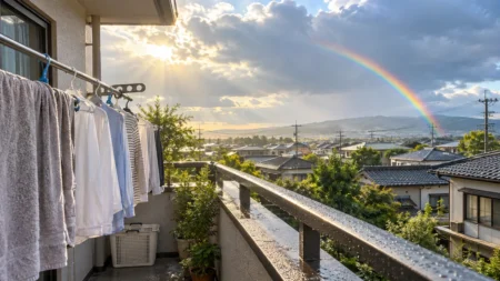 雨上がりの住宅街のベランダに干された洗濯物と、雲間から差す日差しと虹